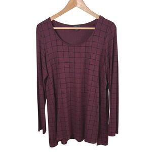 J. Jill Wearever Tunic M Burgundy Black Windowpane Long-Sleeve Scoop-Neck Travel